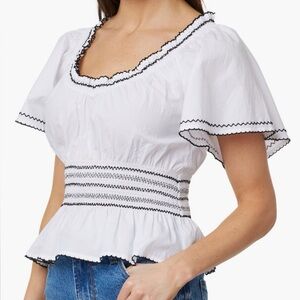 Kensie White Embroidered Flutter Sleeve Peplum Ruffle Neck Top Coastal Large NWT